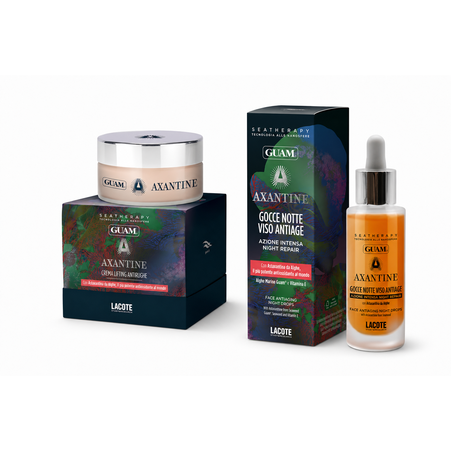 GUAM Axantine dnevno-nočni paket — lifting krema 50 ml in brezvodne nočne kapljice 30 ml v originalni embalaži