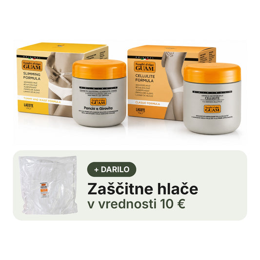 GUAM Fanghi d'Alga anticelulitni paket — originalna blatna obloga 500 g in klasična blatna obloga za trebuh in pas 500 g ter zaščitne hlače za blatne obloge kot darilo