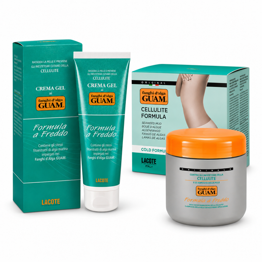 GUAM Fanghi d'Alga Formula a Freddo paket — hladilna anticelulitna blatna obloga 500 g in krema gel za telo 250 ml v originalni embalaži