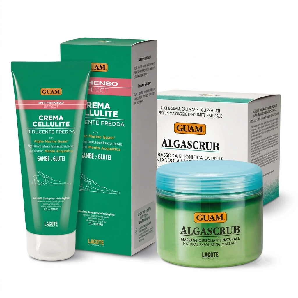 GUAM paket — slani piling AlgaScrub (700 g) in hladilna anticelulitna krema Inthenso (200 ml) v originalni embalaži