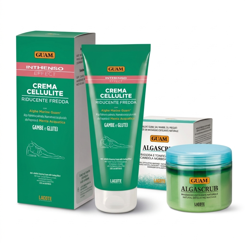 GUAM paket — slani piling AlgaScrub (700 g) in hladilna anticelulitna krema Inthenso (200 ml) v originalni embalaži