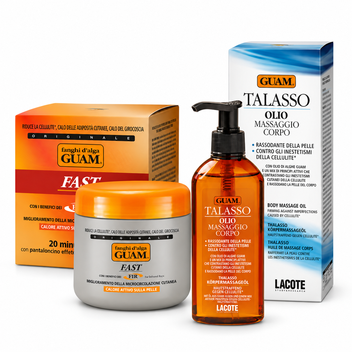 Paket GUAM F.I.R. Fast in Talasso — hitra blatna obloga 500 g s saunskimi hlačkami ter masažno olje 200 ml v originalni embalaži