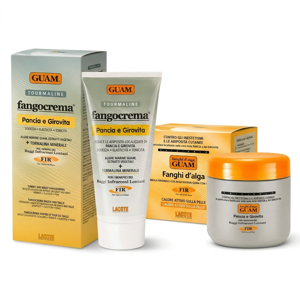 GUAM F.I.R. + Tourmaline paket — termogena blatna obloga 500 g in dnevna blatna krema 150 ml za trebuh in pas v originalni embalaži