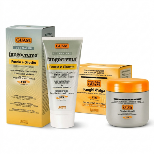 GUAM F.I.R. + Tourmaline paket — termogena blatna obloga 500 g in dnevna blatna krema 150 ml za trebuh in pas v originalni embalaži