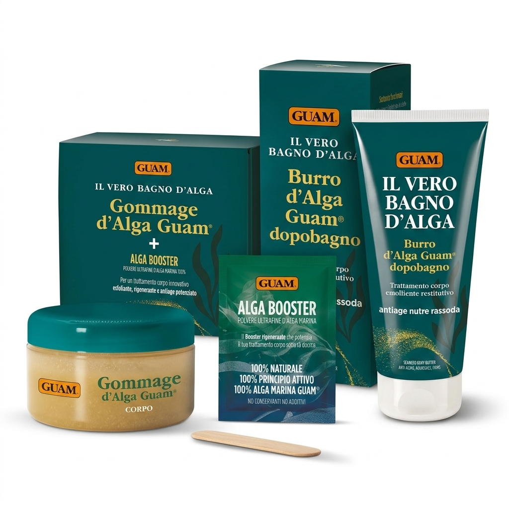 Algni gommage z Alga Booster 250 ml in maslo za telo po kopeli 150 ml — paket GUAM Il Vero Bagno d'Alga
