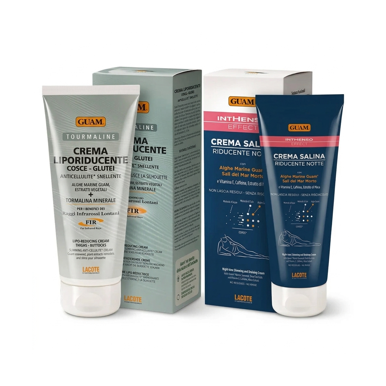 GUAM paket proti celulitu — dnevna F.I.R. krema s turmalinom Tourmaline 200 ml in solna nočna krema Inthenso Effect 200 ml v originalni embalaži