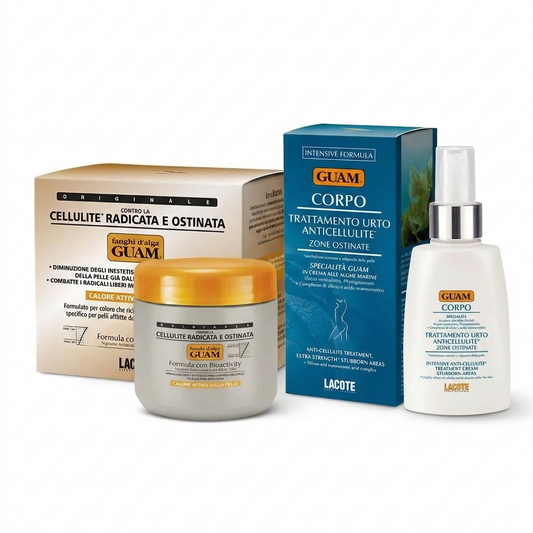 GUAM paket za trdovraten celulit — ogrevalna blatna obloga Fanghi d'Alga 500 g in krema Corpo Zone Ostinate 100 ml v embalaži