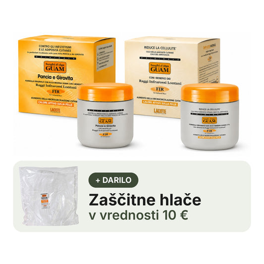 GUAM Fanghi d'Alga F.I.R. termogeni paket — 45-minutna obloga za stegna in boke 500 g in 30-minutna obloga za trebuh in pas 500 g ter zaščitne hlače za blatne obloge kot darilo